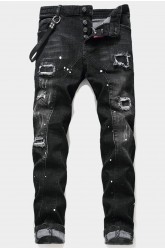 Black Button Fly Slim-fit Distressed Men's Jeans