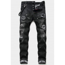 Black Button Fly Slim-fit Distressed Men's Jeans