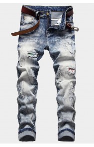 Wash Patchwork Slim-fit Distressed Men's Jeans