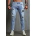 Sky Blue Men's Ripped Ghost Patches Slim Fit Skinny Jeans