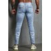 Sky Blue Light Wash Skull Print Patchwork Frayed Slim Fit Men's Jeans