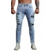 Sky Blue Light Wash Skull Print Patchwork Frayed Slim Fit Men's Jeans