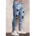 Sky Blue Skull Letter Print Patchwork Skinny Fit Men's Jeans