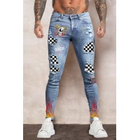 Sky Blue Plaid Ghost Print Patchwork Skinny Fit Men's Jeans