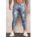 Sky Blue Plaid Ghost Print Patchwork Skinny Fit Men's Jeans