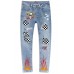 Sky Blue Plaid Ghost Print Patchwork Skinny Fit Men's Jeans