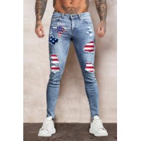 Sky Blue American Flag Graphic Print Splicing Men's Skinny Jeans