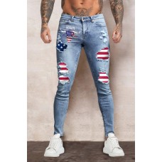 Sky Blue American Flag Graphic Print Splicing Men's Skinny Jeans