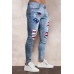 Sky Blue American Flag Graphic Print Splicing Men's Skinny Jeans