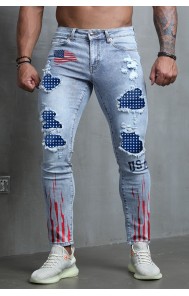 Sky Blue USA Flag Print Splicing Distressed Skinny Fit Men's Jeans