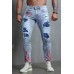 Sky Blue USA Flag Print Splicing Distressed Skinny Fit Men's Jeans