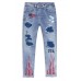 Sky Blue USA Flag Print Splicing Distressed Skinny Fit Men's Jeans