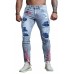 Sky Blue USA Flag Print Splicing Distressed Skinny Fit Men's Jeans