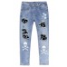 Sky Blue Skull Print Patchwork Distressed Men's Skinny Jeans