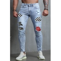 Sky Blue Plaid Pattern Patchwork Ripped Skinny Men's Jeans