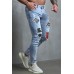 Sky Blue Plaid Pattern Patchwork Ripped Skinny Men's Jeans