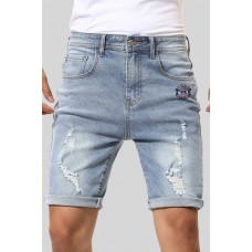 Sky Blue Graphic Print Rolled Hem Ripped Men's Denim Shorts