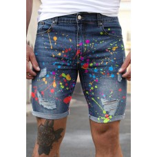 Blue Graffiti Print Distressed Skinny Fit Men's Denim Shorts