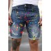 Blue Graffiti Print Distressed Skinny Fit Men's Denim Shorts