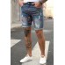 Blue Graffiti Print Distressed Skinny Fit Men's Denim Shorts