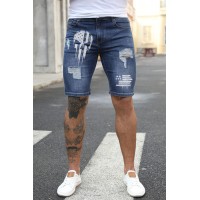 Blue American Flag Skull Print Skinny Distressed Men's Denim Shorts