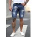 Blue American Flag Skull Print Skinny Distressed Men's Denim Shorts