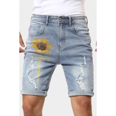 Sky Blue Sunflower Faith Print Ripped Bermuda Denim Shorts