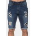 Blue Plaid Pattern Splicing Skinny Distressed Men's Denim Shorts