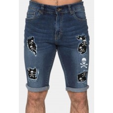 Sky Blue Skull Graphic Patchwork Distressed Skinny Fit Men's Jeans