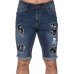 Sky Blue Skull Graphic Patchwork Distressed Skinny Fit Men's Jeans