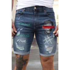 Blue Figure Letter Printed Skinny Fit Men's Denim Shorts