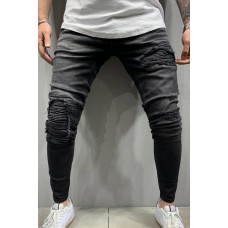 Black Pleated Distressed Skinny Men's Jeans