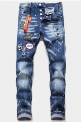 Men's Badge Pattern Patchwork Paint Splash Slim-fit Jeans