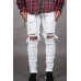 White Letter Striped Print Ripped Slim-fit Men's Jeans