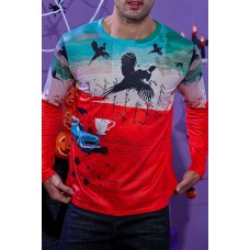 Men's Halloween Flying Bird Car Print Long Sleeve Knit T-shirt