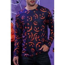 Men's Halloween Pumpkin Smiley Print Long Sleeve Knit T-shirt