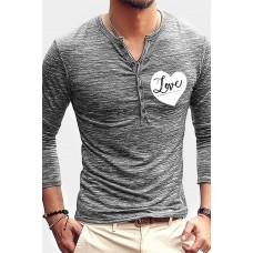 Men's Love Heart Print Buttons Slim-fit Long Sleeve T-shirt