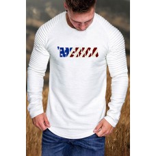 White America Flag Letter Print Pleated Sleeve Men's Graphic Tee