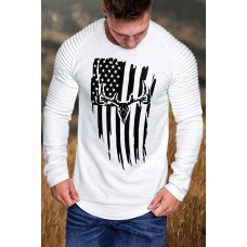 White Men's Pleated Long Sleeve America Flag Graphic Print Top