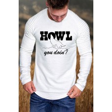 White HOWL Wolf Letter Print Pleated Sleeve Men's Top