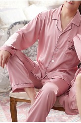 Pink Men Silk Like Long Sleeve Pajamas Set