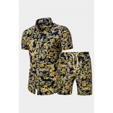 Pattern Print Men's Button Short Sleeve Shirt and Shorts Set