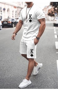 White Men's Poker Letter Print Short Sleeve Top and Shorts Suit