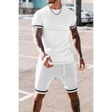 White Striped Short Sleeve T-shirt and Drawstring Shorts Men's Set