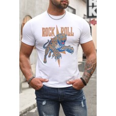 White ROCK ROLL Leopard Print Slim-fit Men's T-shirt