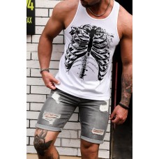 White Skeleton Print Round Neck Men's Tank Top